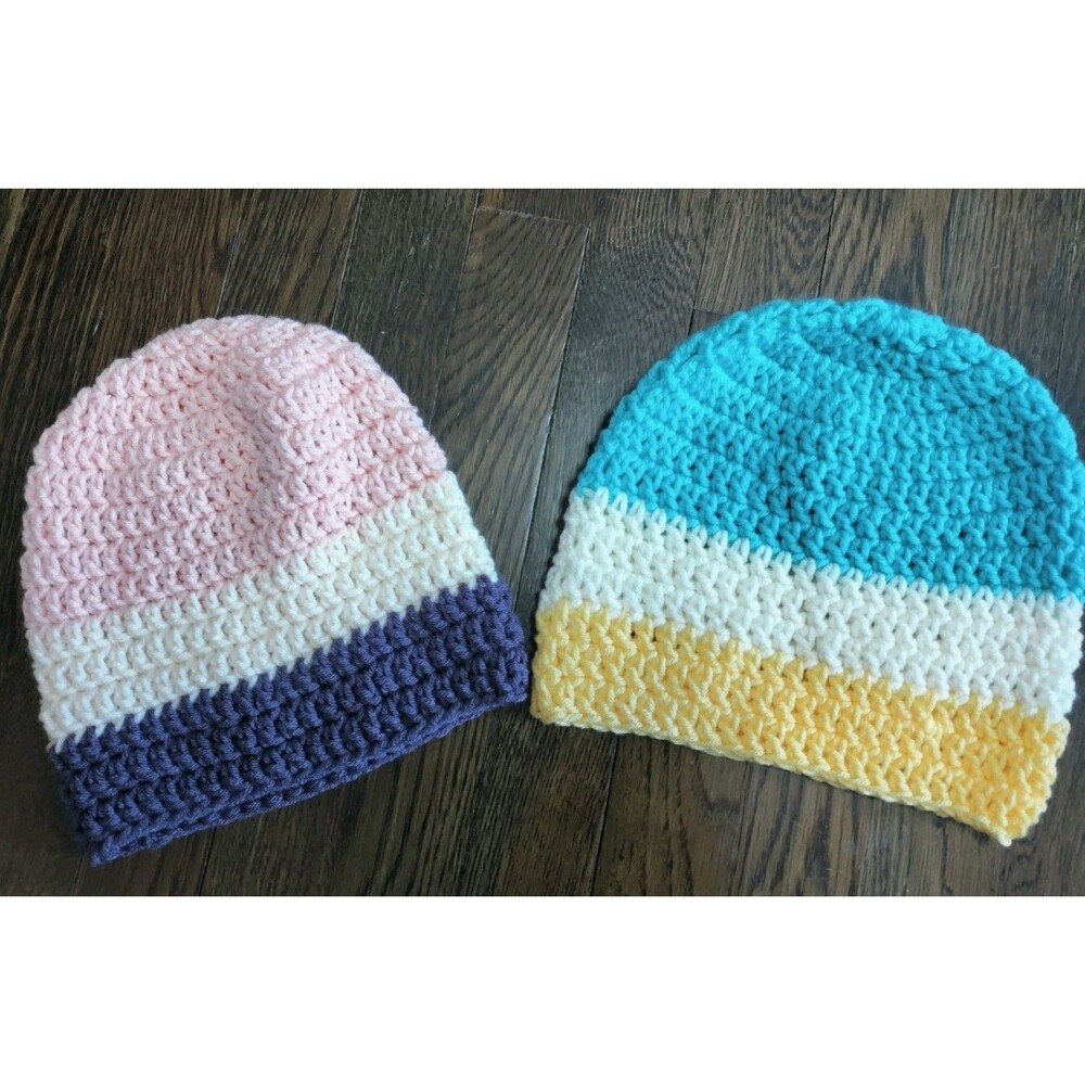 Handmade Women's Knit Striped Beanie Hats Set of 2 Multicolor OS